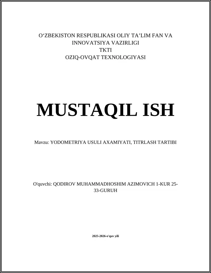 Yodometriya Usuli Axamitayi, Titrlash Tartibi