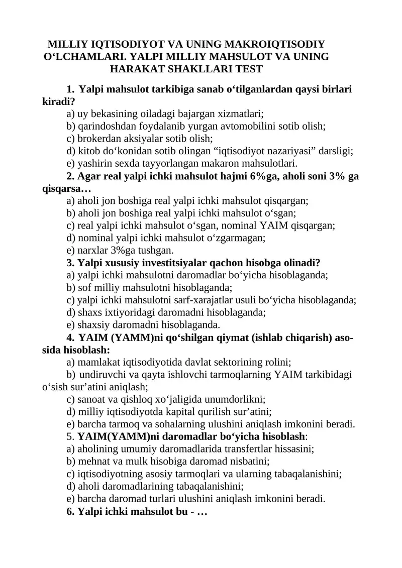 MILLIY IQTISODIYOT VA UNING MAKROIQTISODIY O‘LCHAMLARI