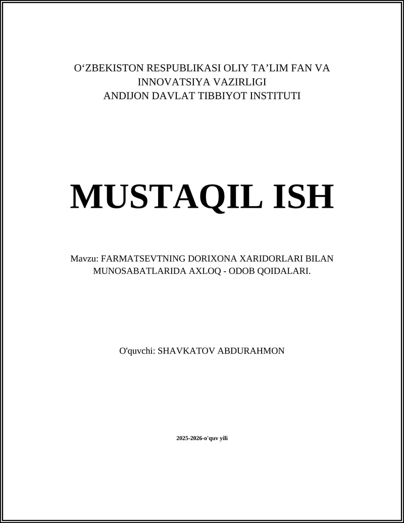 FARMATSEVTNING DORIXONA XARIDORLARI BILAN MUNOSABATLARIDA AXLOQ - ODOB QOIDALARI