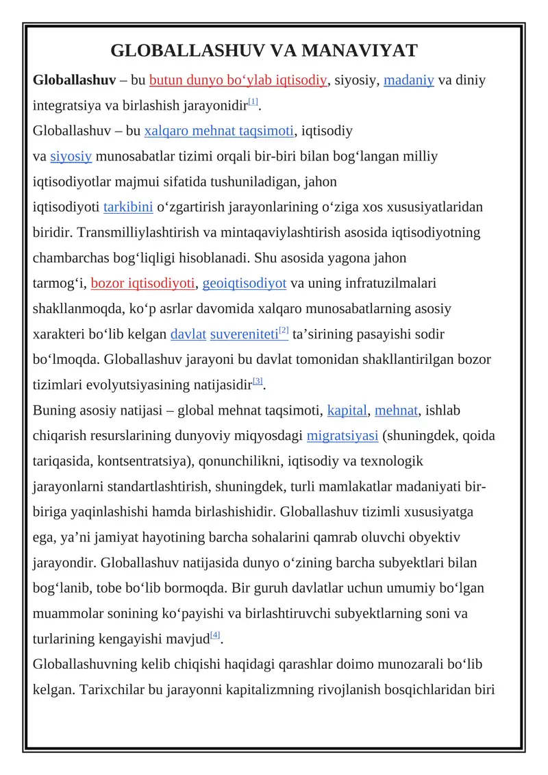 Globallashuv VA MANAVIYAT