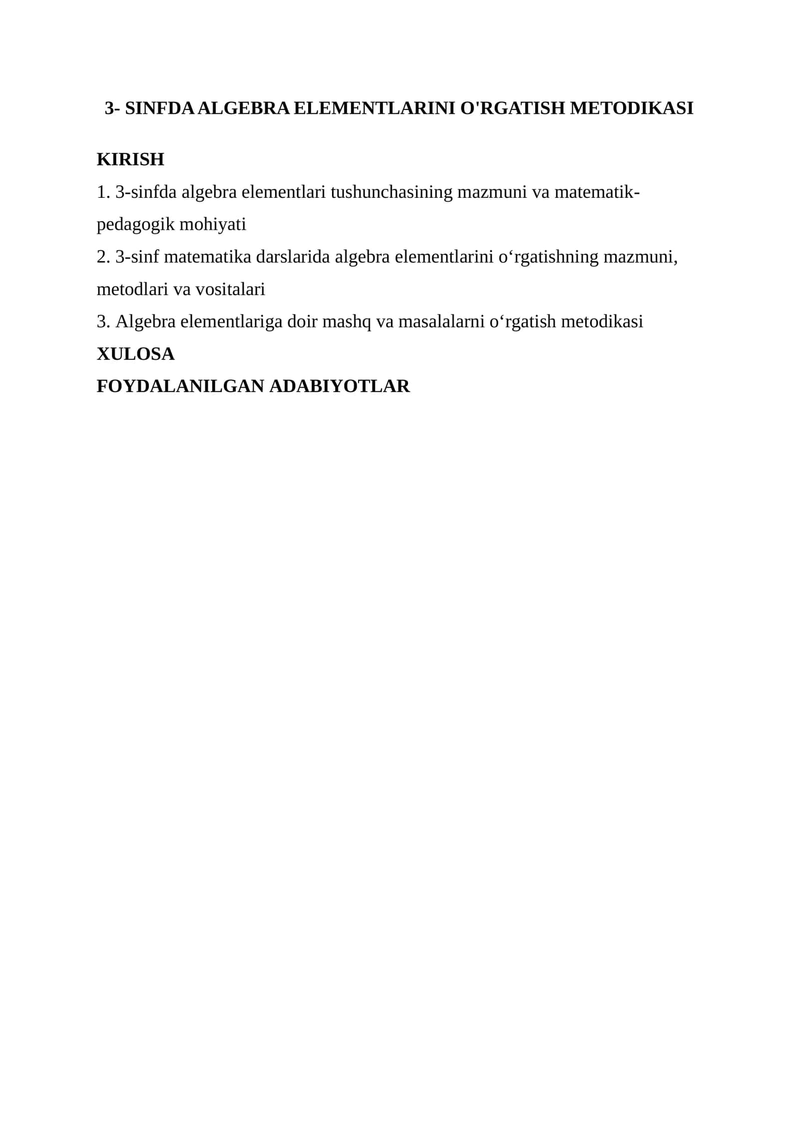 3- SINFDA ALGEBRA ELEMENTLARINI O'RGATISH METODIKASI