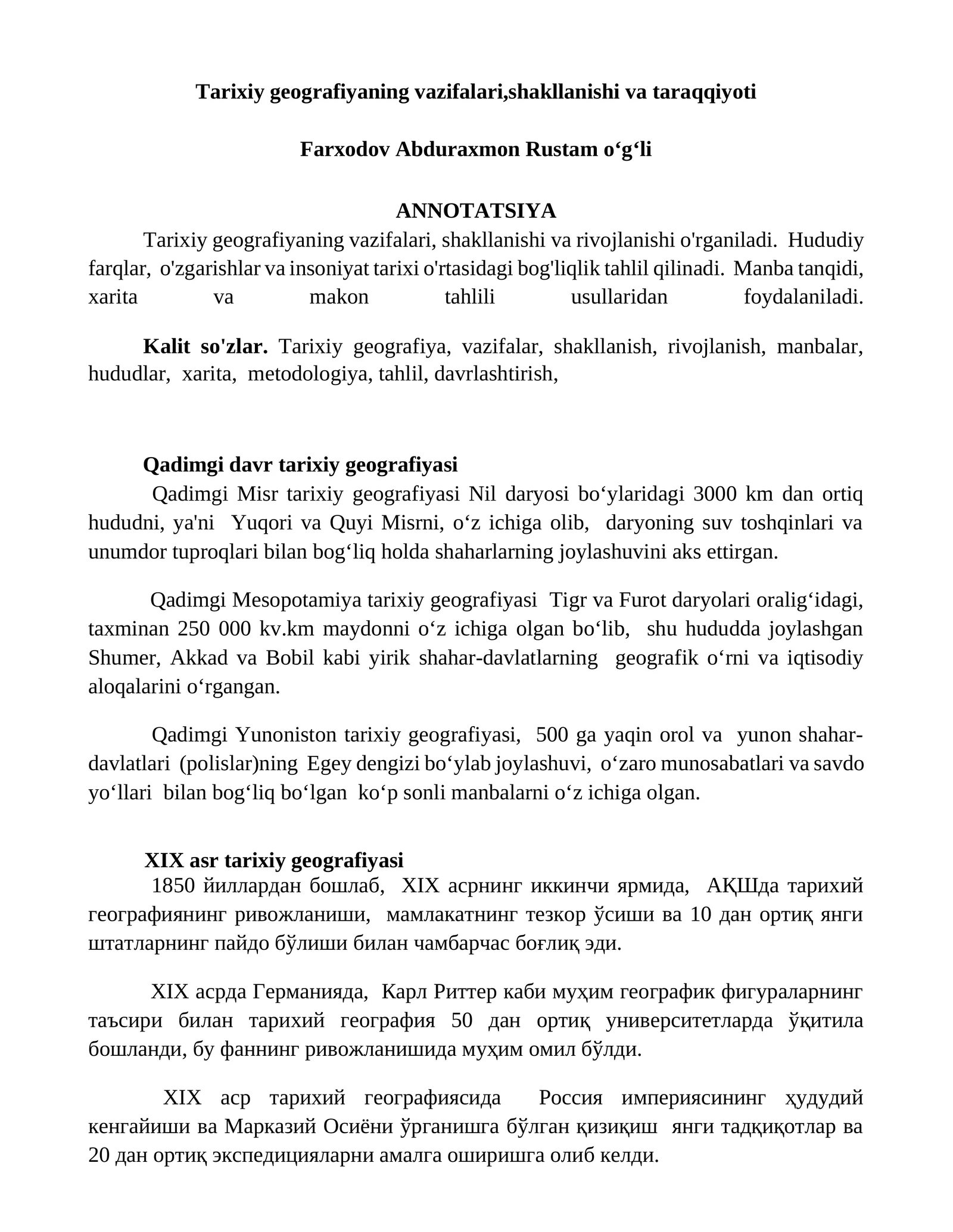 Tarixiy geografiyaning vazifalari, shakllanishi va taraqqiyoti