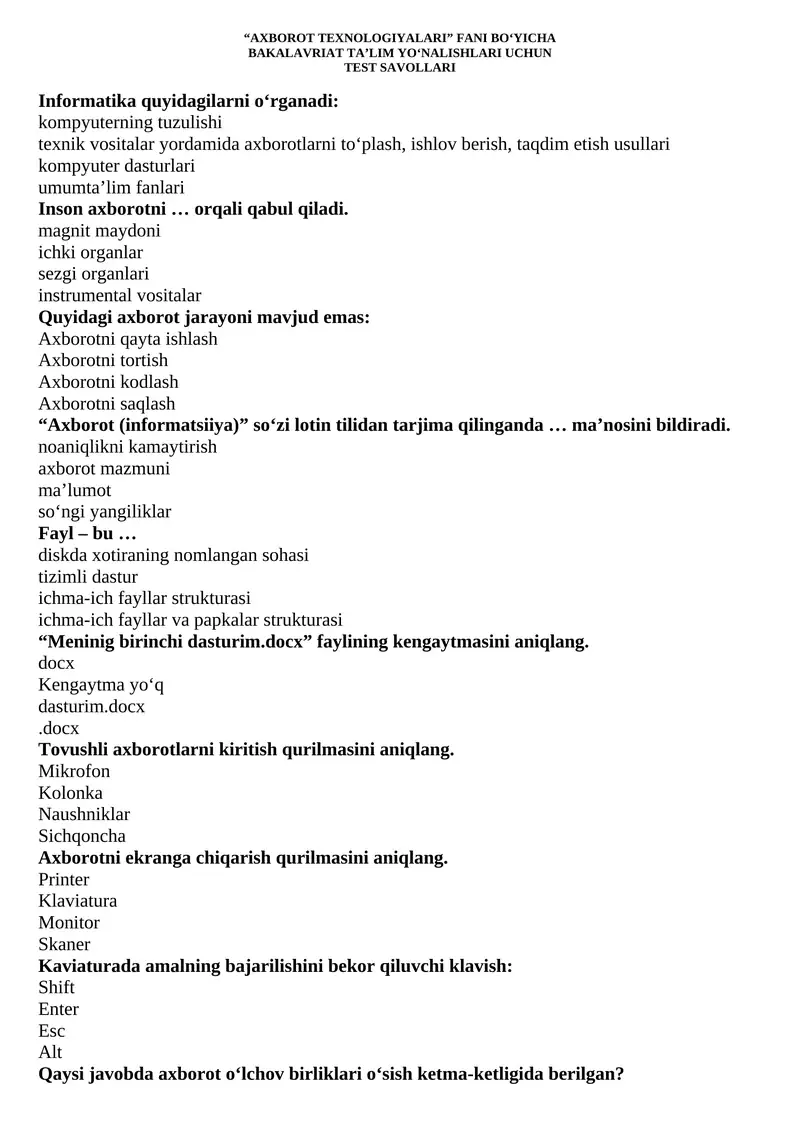 “AXBOROT TEXNOLOGIYALARI” FANI BO‘YICHA BAKALAVRIAT TA’LIM YO‘NALISHLARI UCHUN TEST SAVOLLARI
