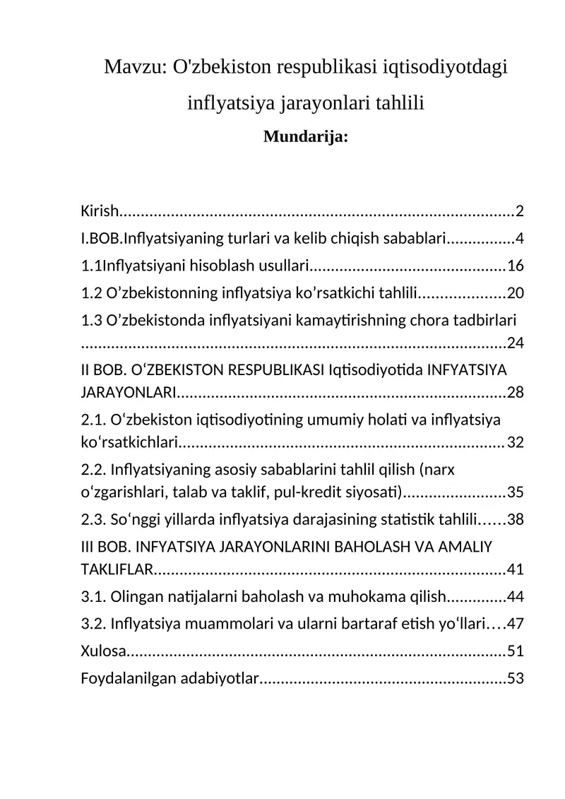 O'zbekiston respublikasi iqtisodiyotdagi inflyatsiya jarayonlari tahlili