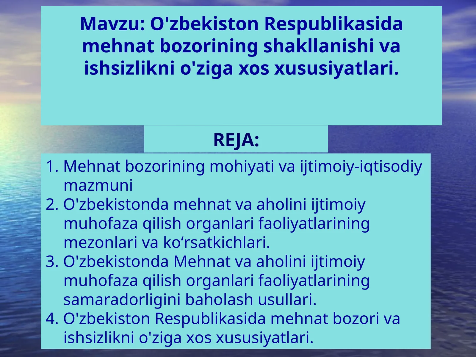 O'zbekiston Respublikasida mehnat bozorining shakllanishi va ishsizlikni o'ziga xos xususiyatlari