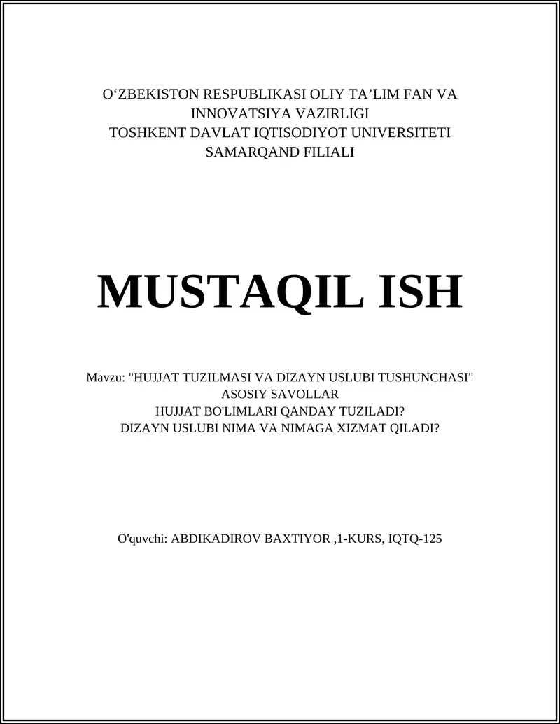 HUJJAT TUZILMASI VA DIZAYN USLUBI TUSHUNCHASI