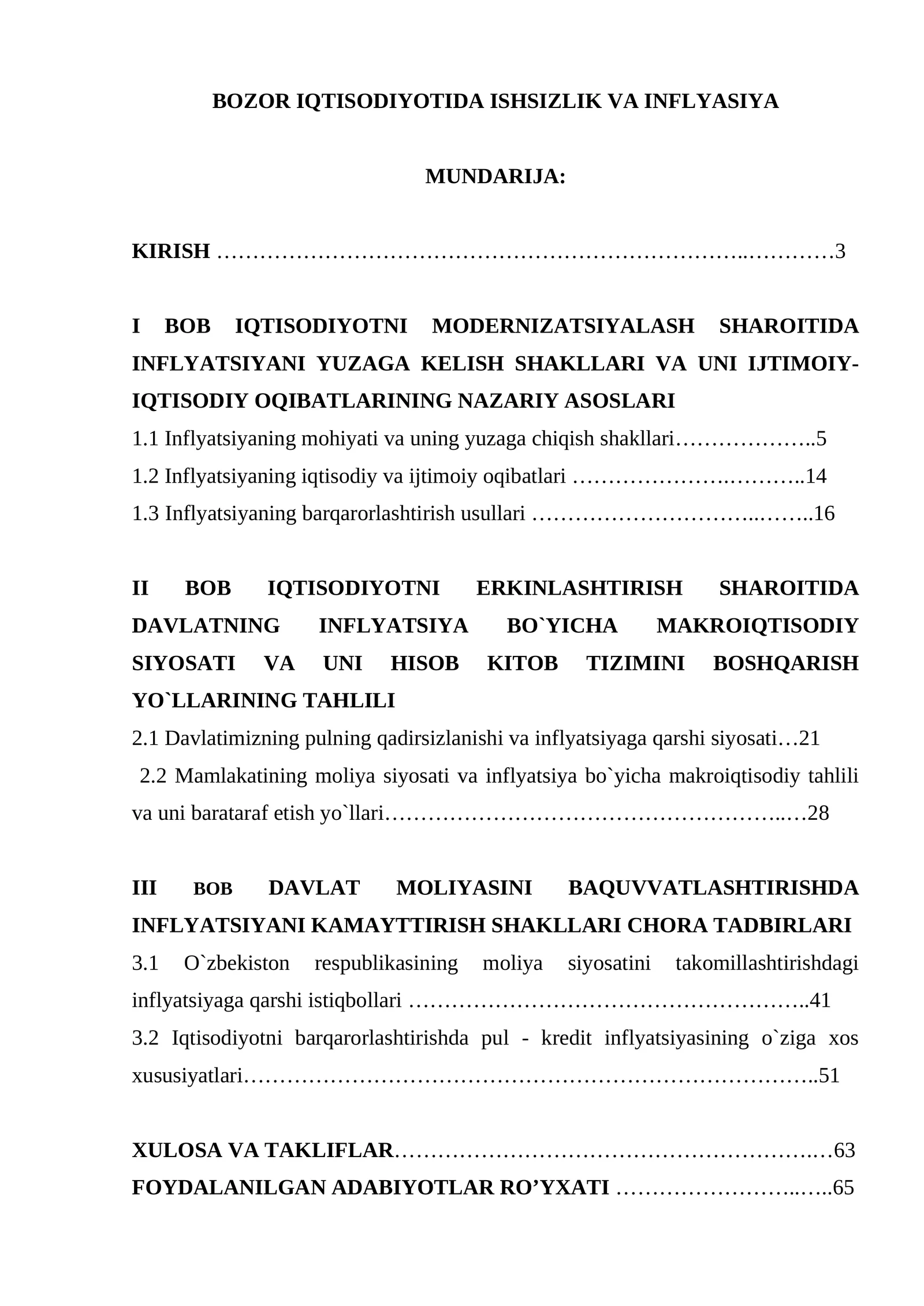 BOZOR IQTISODIYOTIDA ISHSIZLIK VA INFLYASIYA