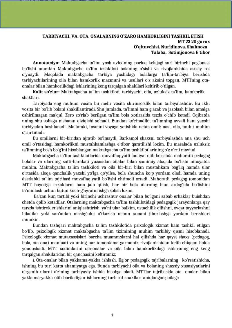 Maktabgacha ta’lim yosh avlodning porloq kelajagi sari birinchi pog’onasi bo’lishi mumkin