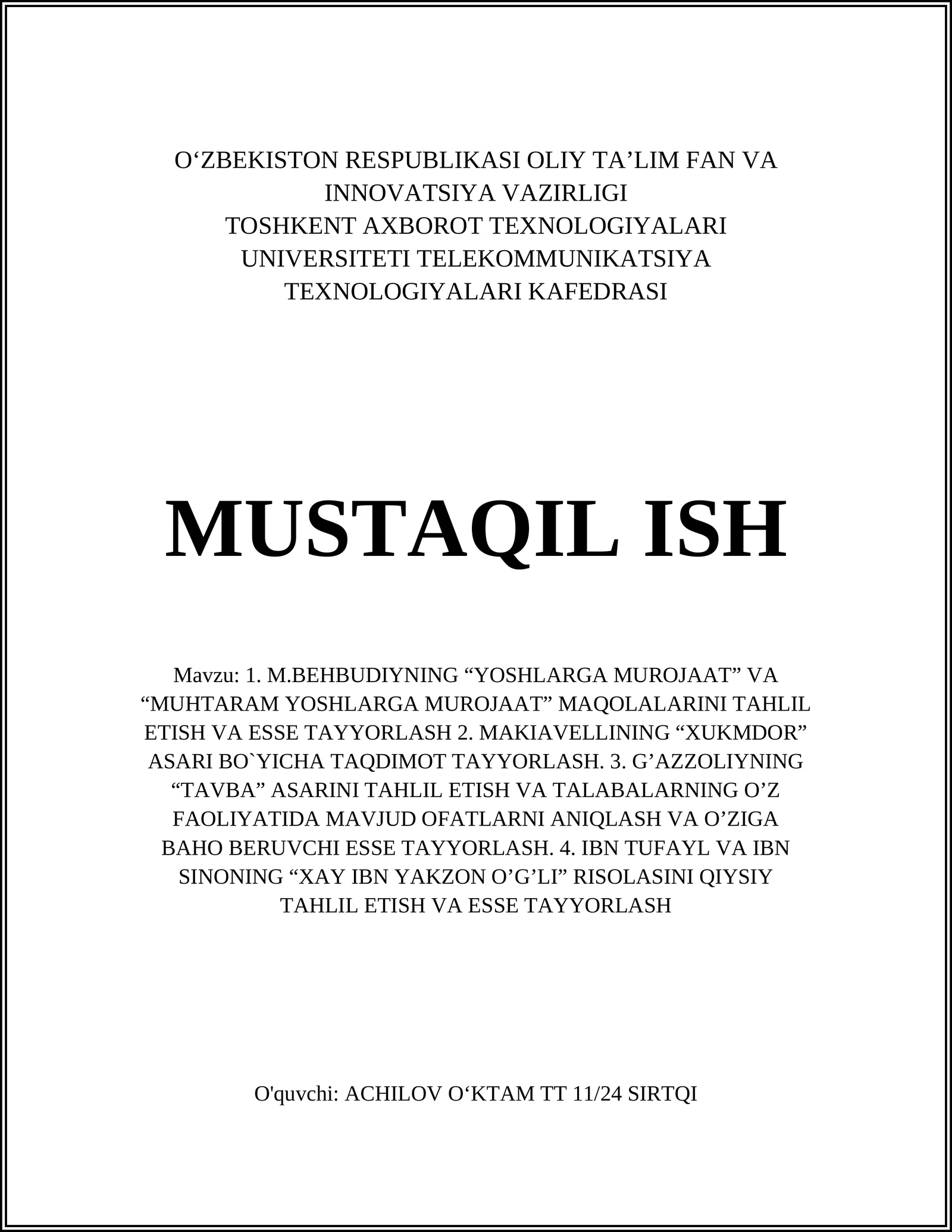 M.BEHBUDIYNING “YOSHLARGA MUROJAAT” VA “MUHTARAM YOSHLARGA MUROJAAT” MAQOLALARINI TAHLIL ETISH VA ESSE TAYYORLASH