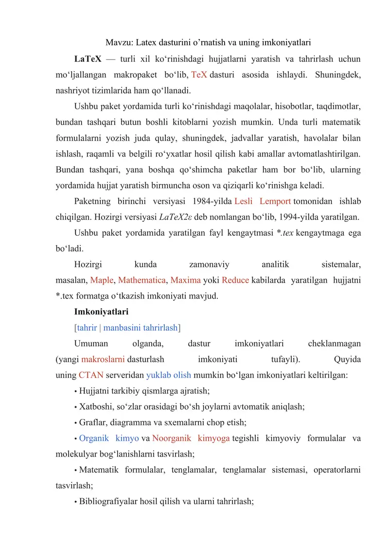 Latex dasturini o’rnatish va uning imkoniyatlari