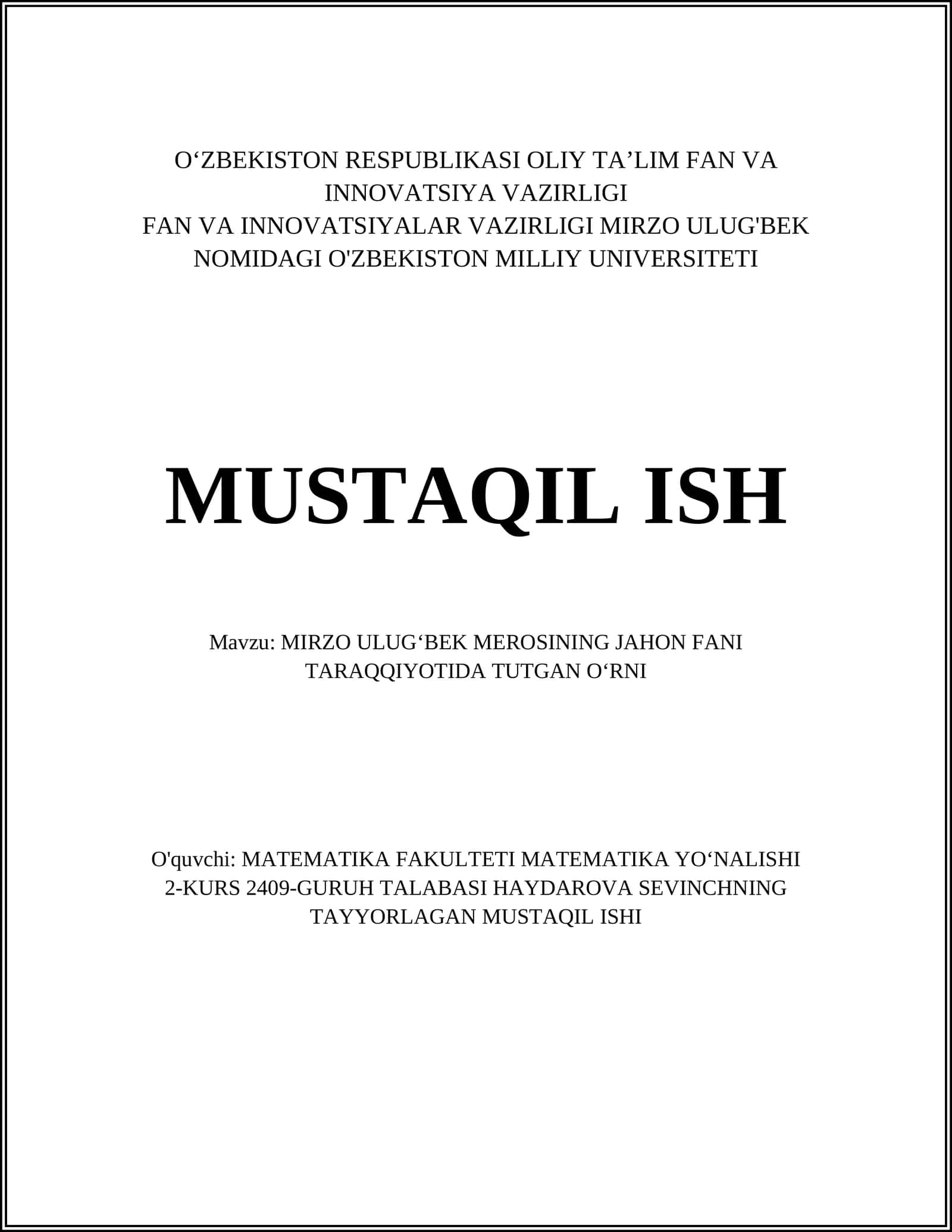 MIRZO ULUG‘BEK MEROSINING JAHON FANI TARAQQIYOTIDA TUTGAN O‘RNI