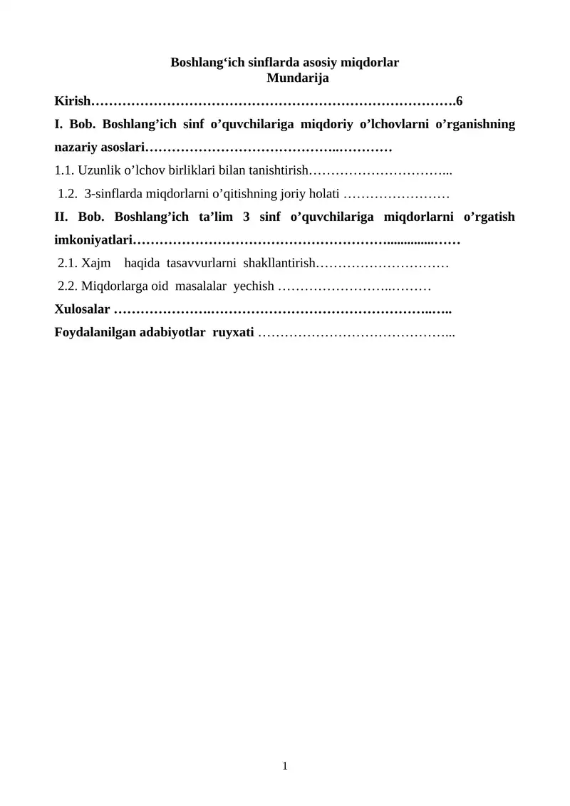 Boshlang‘ich sinflarda asosiy miqdorlar