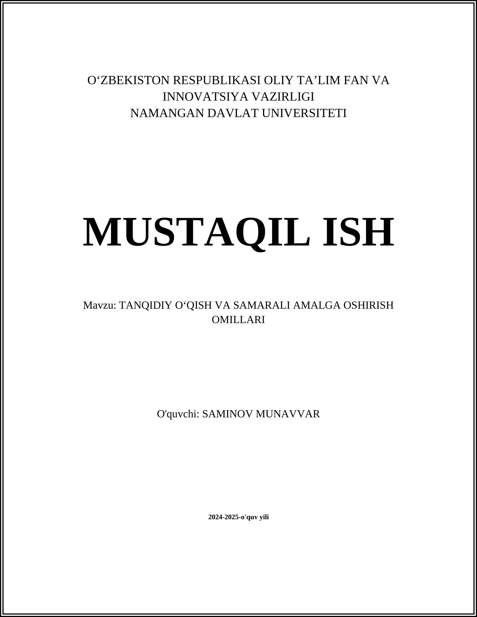 TANQIDIY OʻQISH VA SAMARALI AMALGA OSHIRISH OMILLARI