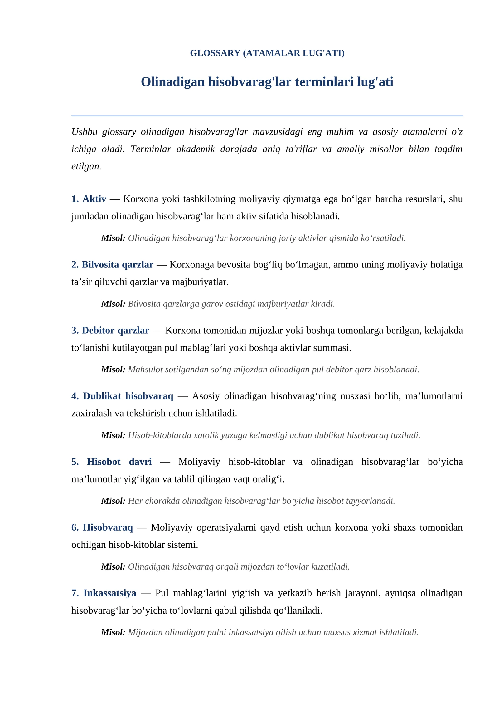 Olinadigan hisobvarag‘lar terminlari lug‘ati