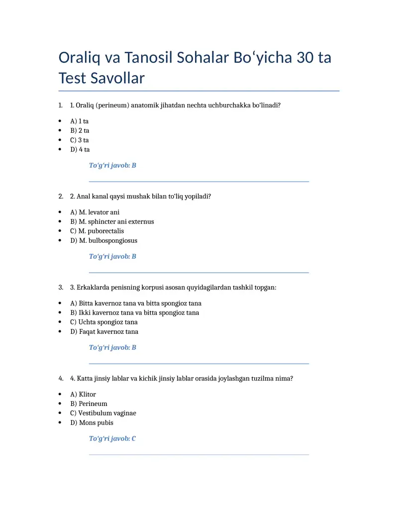 Oraliq va Tanosil Sohalar Bo‘yicha 30 ta Test Savollar