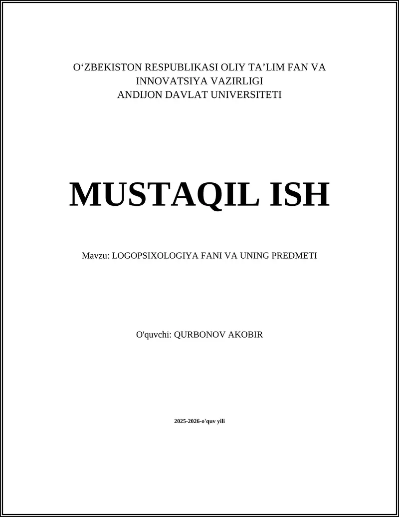 LOGOPSIXOLOGIYA FANI VA UNING PREDMETI