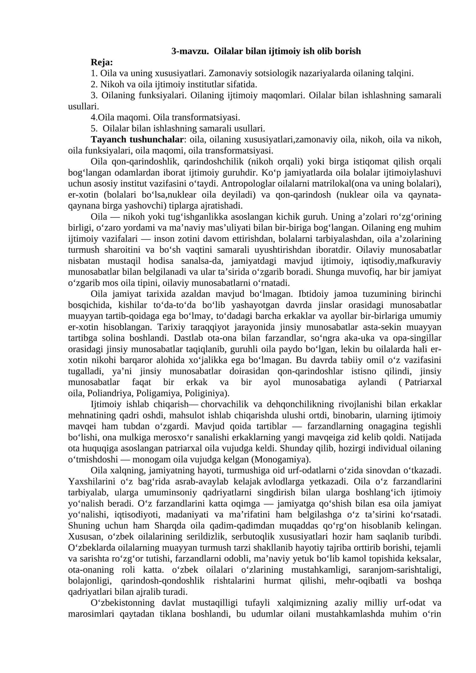 3-mavzu. Oilalar bilan ijtimoiy ish olib borish