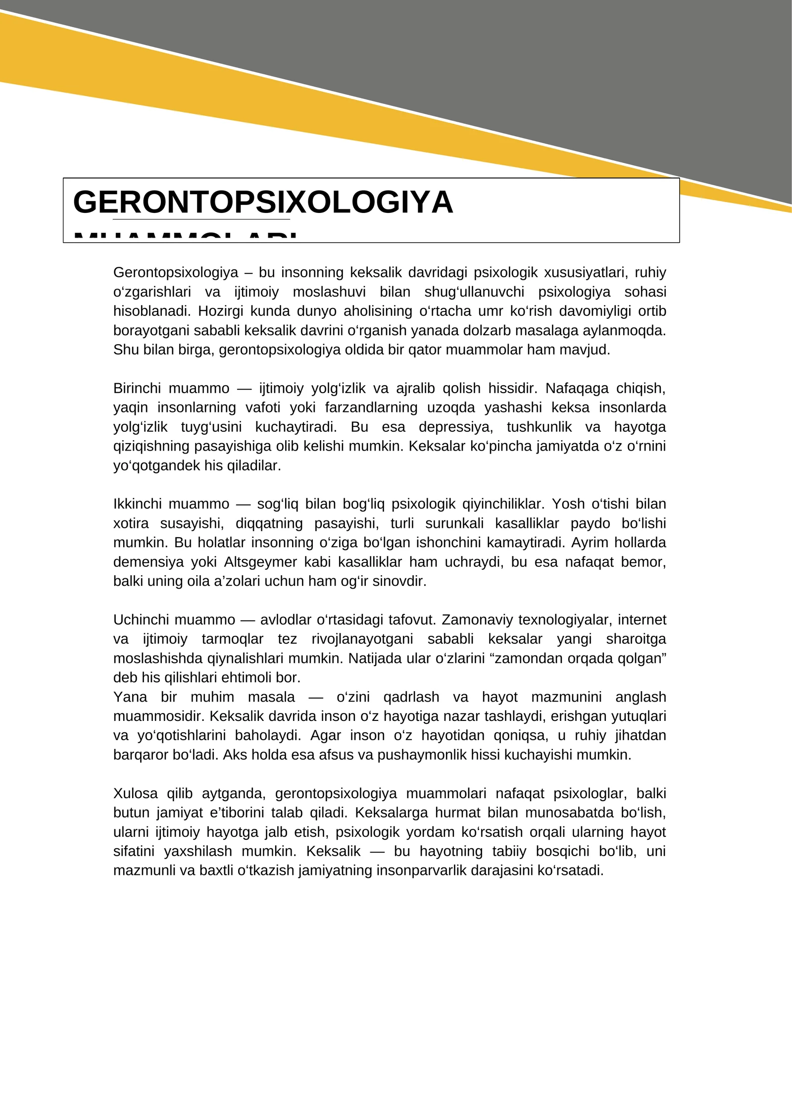 GERONTOPSIXOLOGIYA MUAMMOLARI