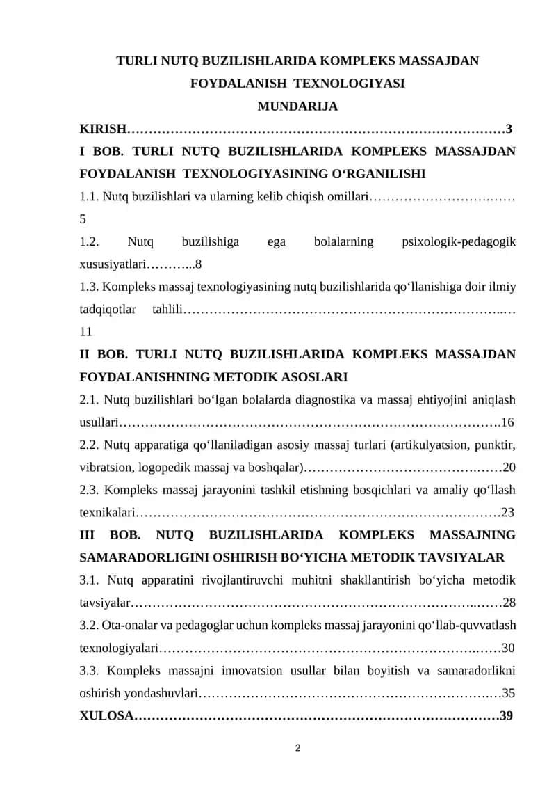 TURLI NUTQ BUZILISHLARIDA KOMPLEKS MASSAJDAN FOYDALANISH  TEXNOLOGIYASI