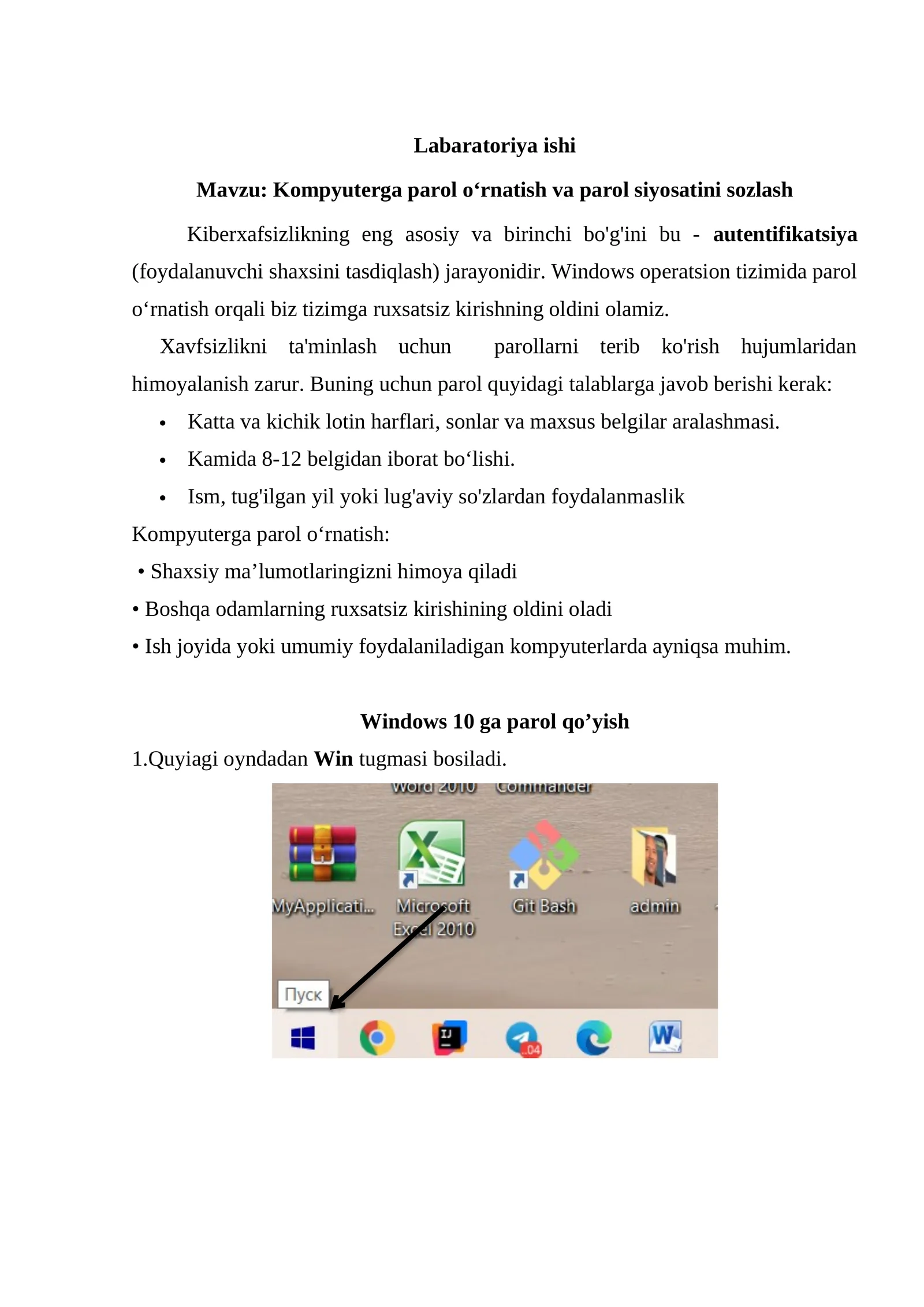 Kompyuterga parol o‘rnatish va parol siyosatini sozlash