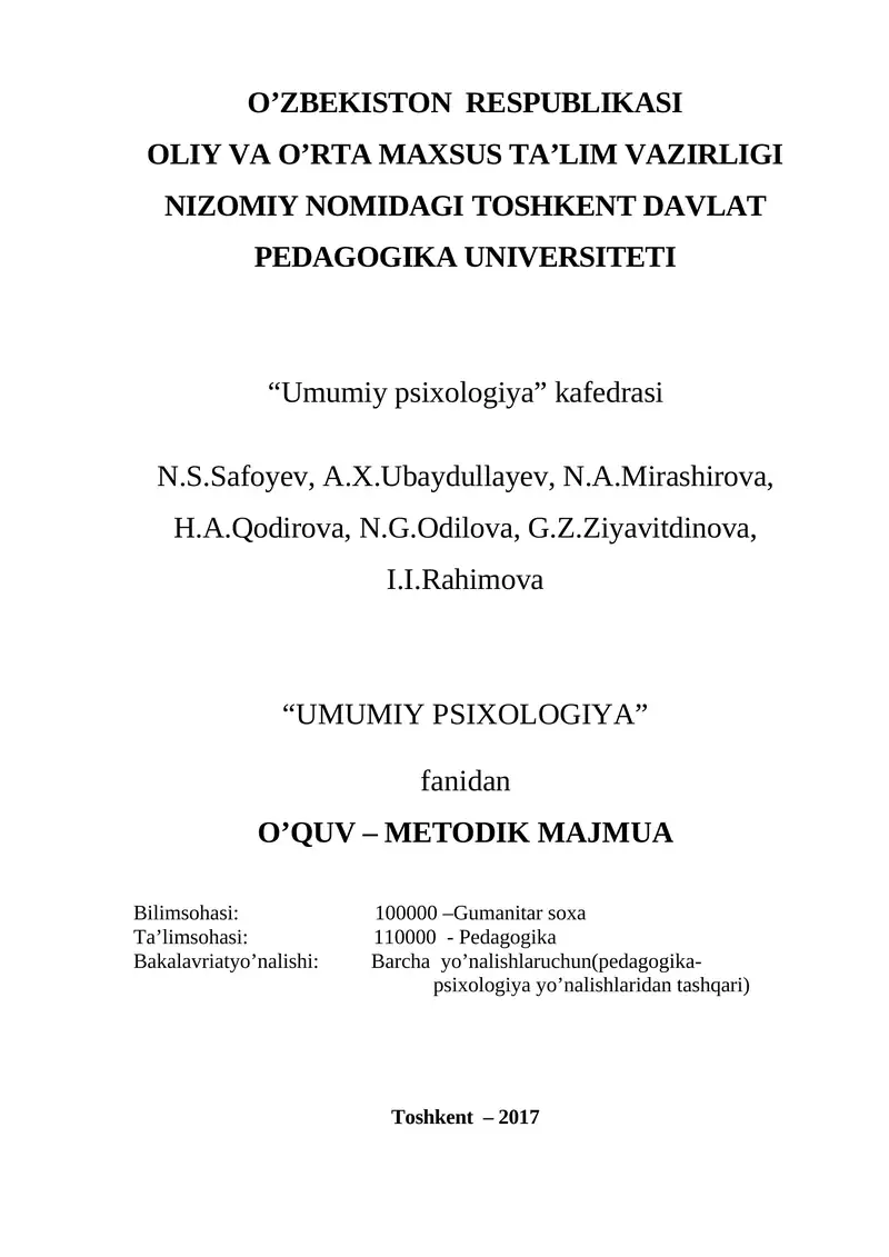 Umumiy psixologiya fanidan O’quv-metodik majmua