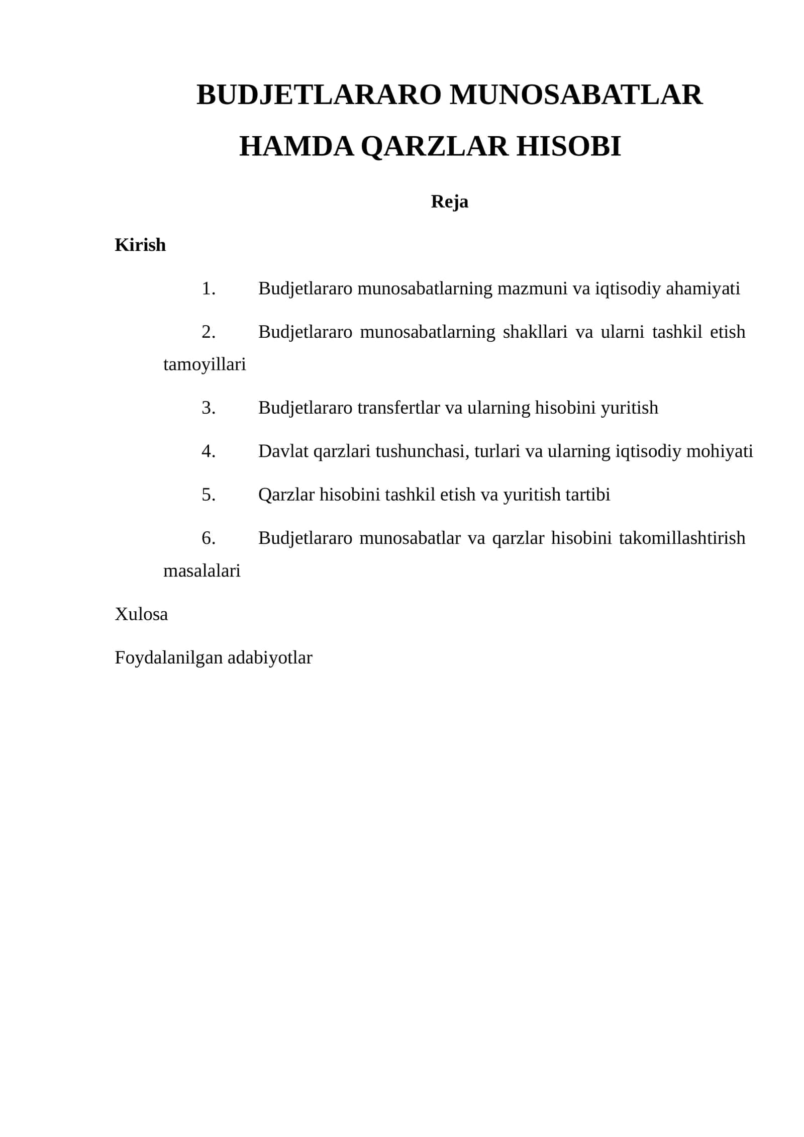 BUDJETLARARO MUNOSABATLAR HAMDA QARZLAR HISOBI