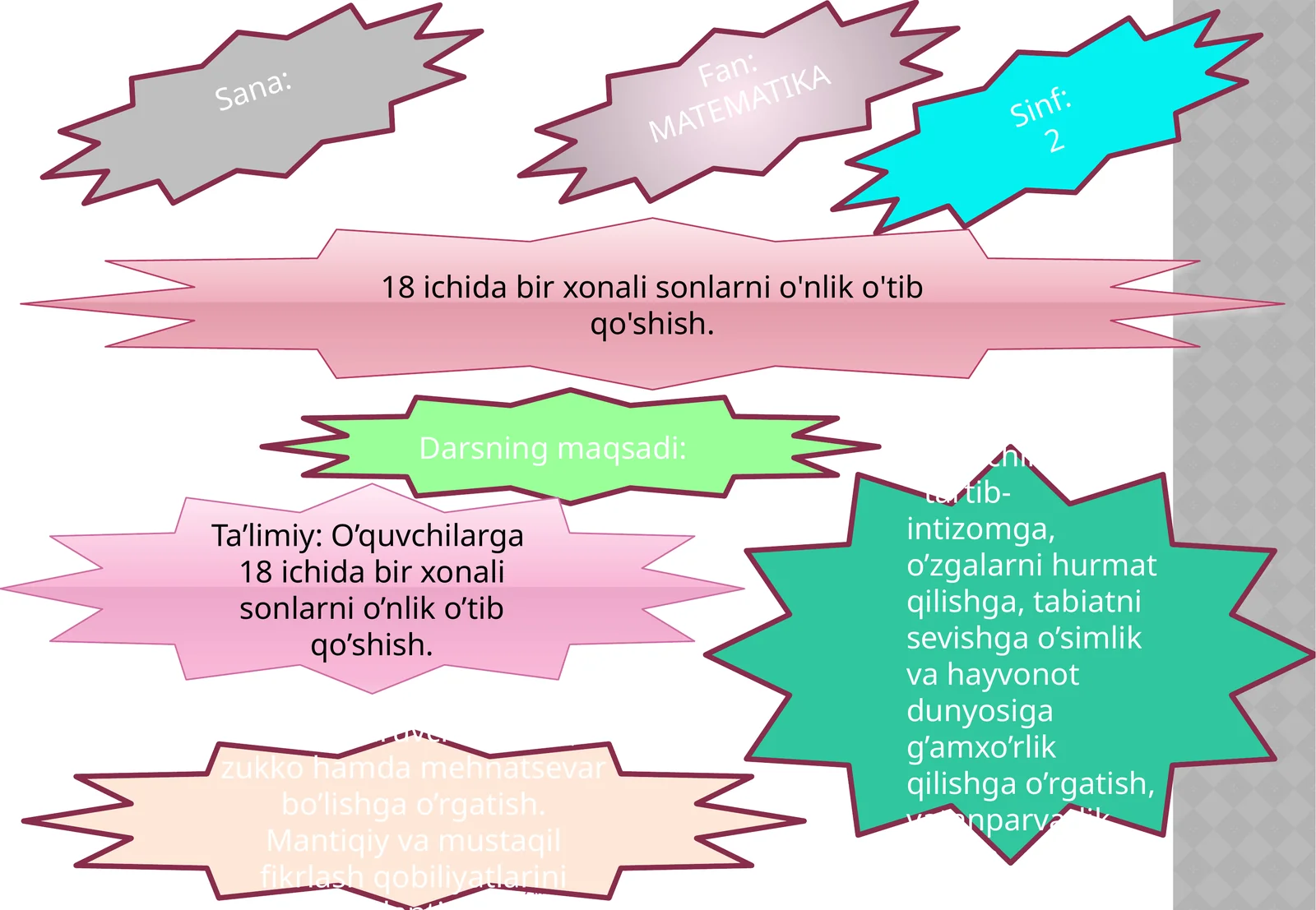 18 ichida bir xonali sonlarni o'nlik o'tib qo'shish