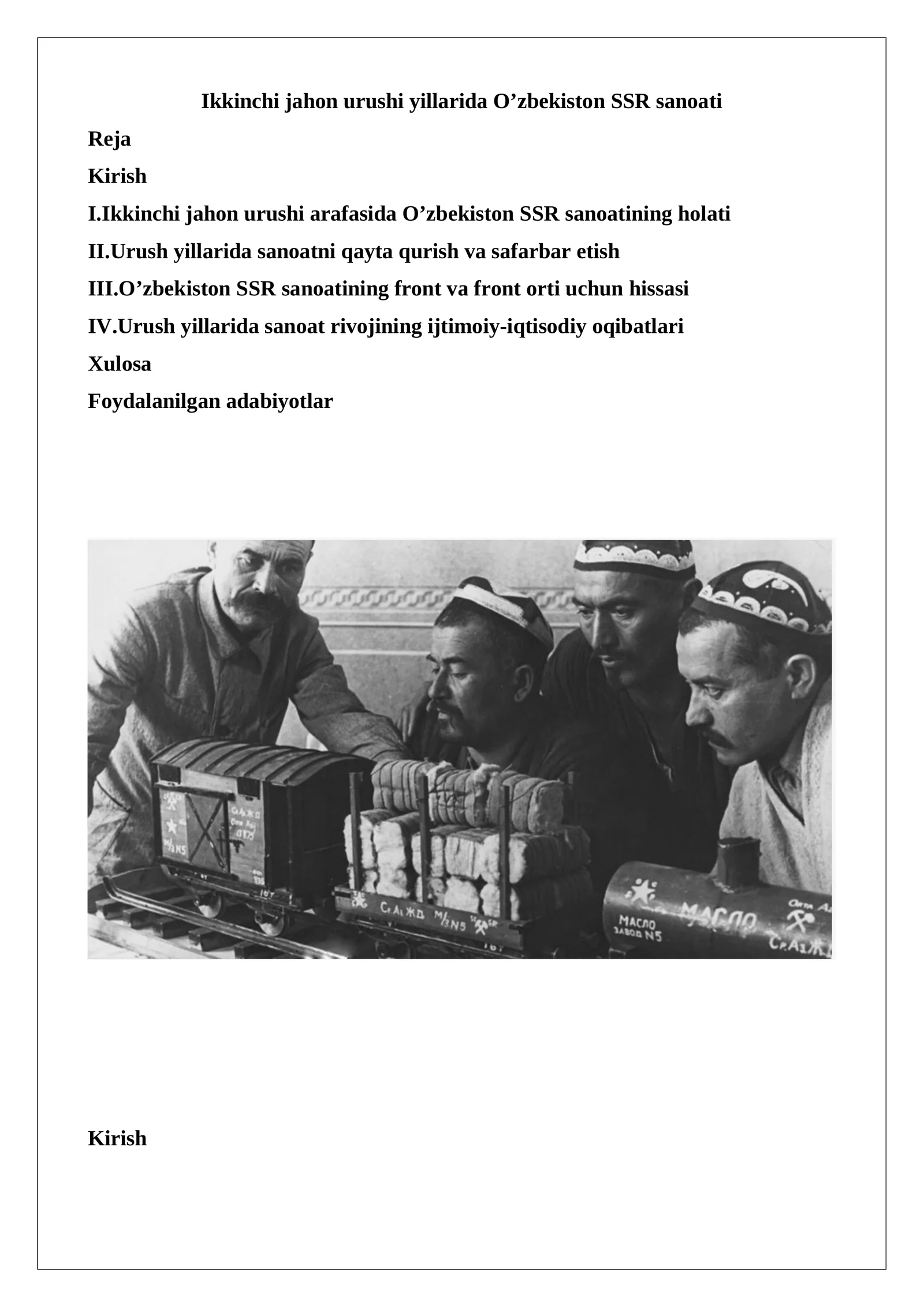 Ikkinchi Jahon Urushi Yillarida O’zbekiston SSR Sanoati