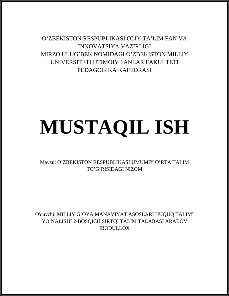 O'ZBEKISTON RESPUBLIKASI UMUMIY O’RTA TALIM TO’G’RISIDAGI NIZOM