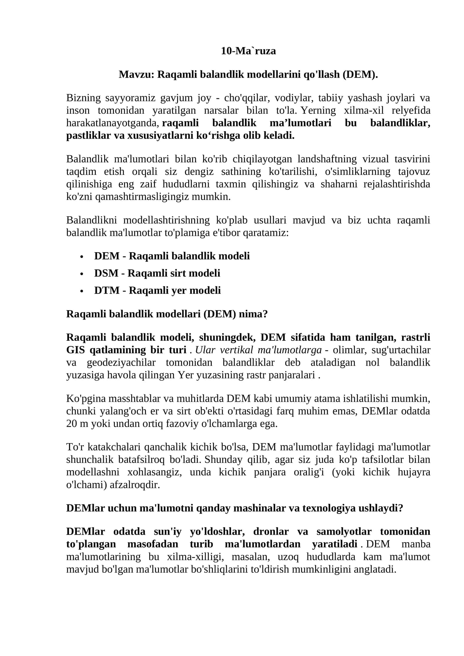 Raqamli balandlik modellashtirishning usullari