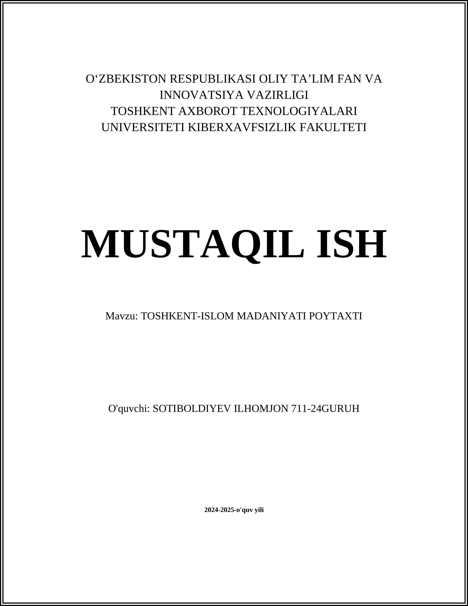 TOSHKENT-ISLOM MADANIYATI POYTAXTI