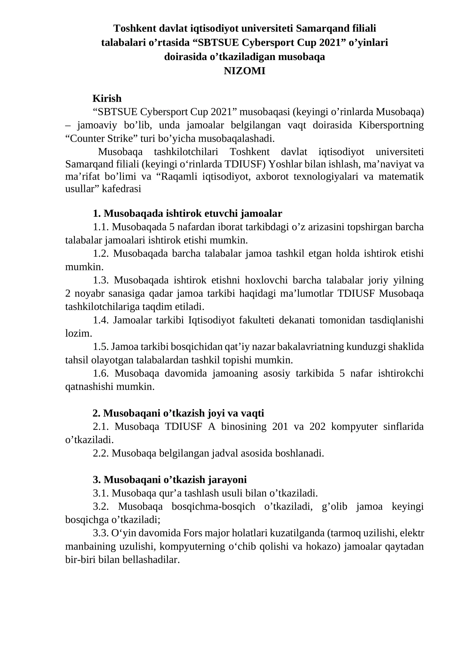 SBTSUE Cybersport Cup 2021 Musobaqasi Nizomi