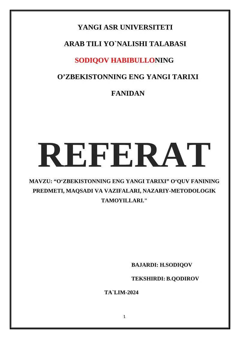 O‘ZBEKISTONNING ENG YANGI TARIXI FANIDAN REFERAT