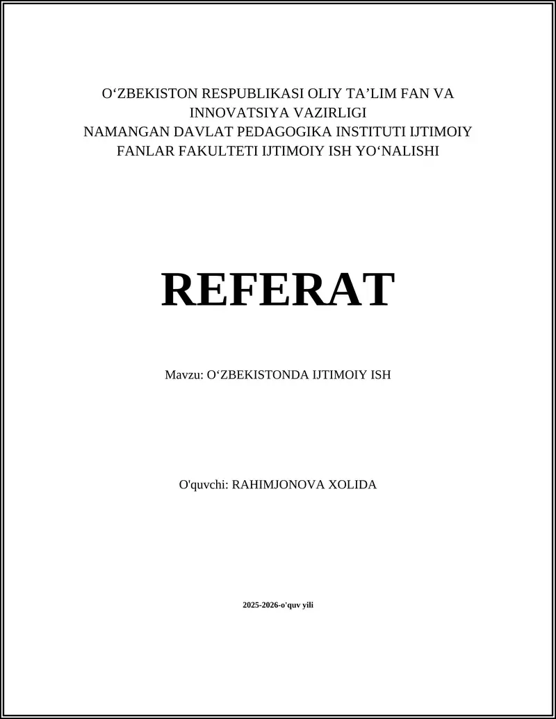 O‘ZBEKISTONDA IJTIMOIY ISH REFERAT