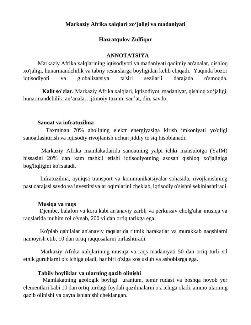 Markaziy Afrika xalqlari xoʻjaligi va madaniyati