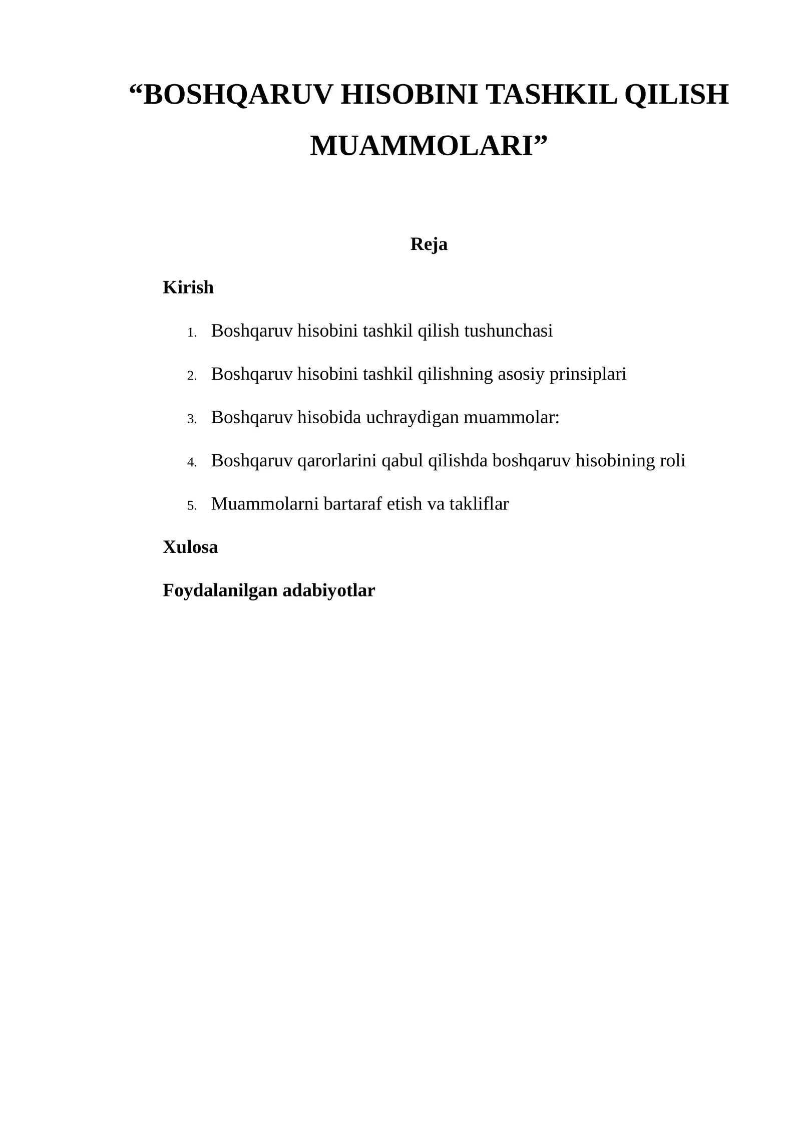 Boshqaruv hisobini tashkil qilish muammolari