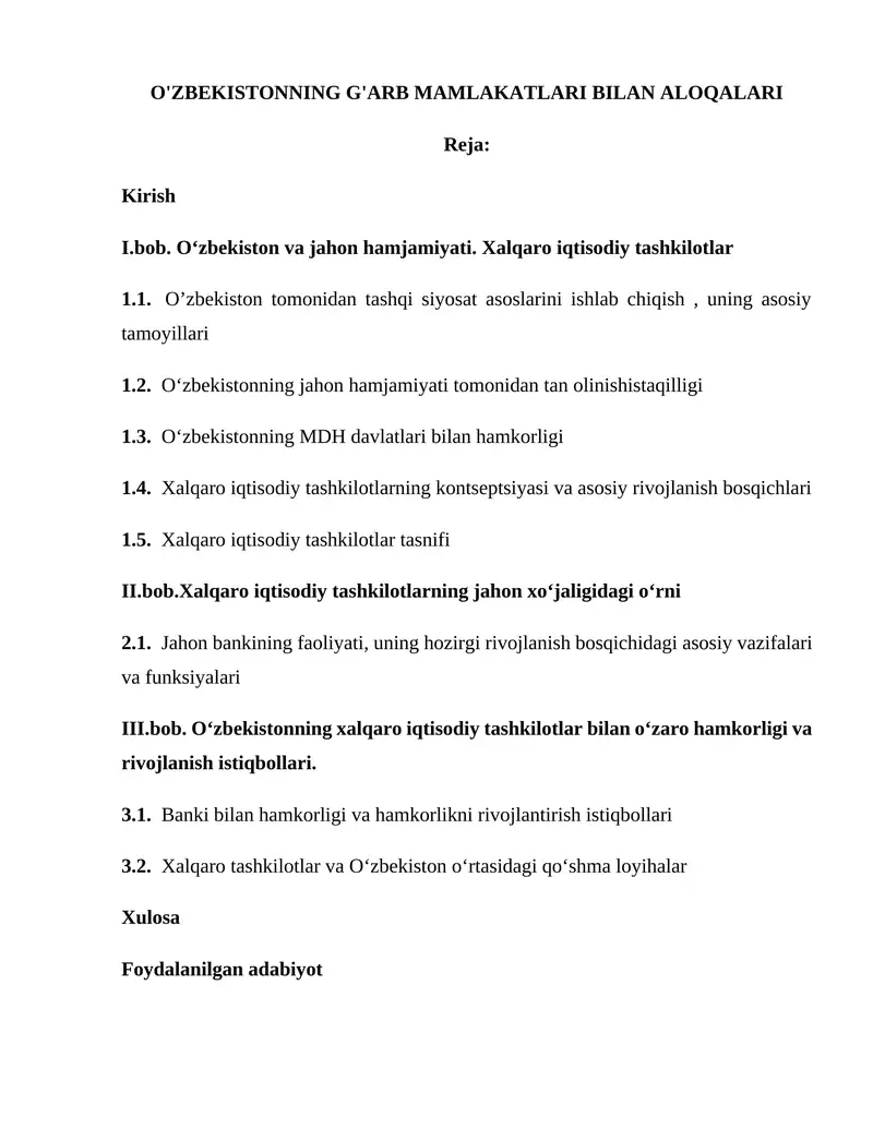 O'ZBEKISTONNING G'ARB MAMLAKATLARI BILAN ALOQALARI