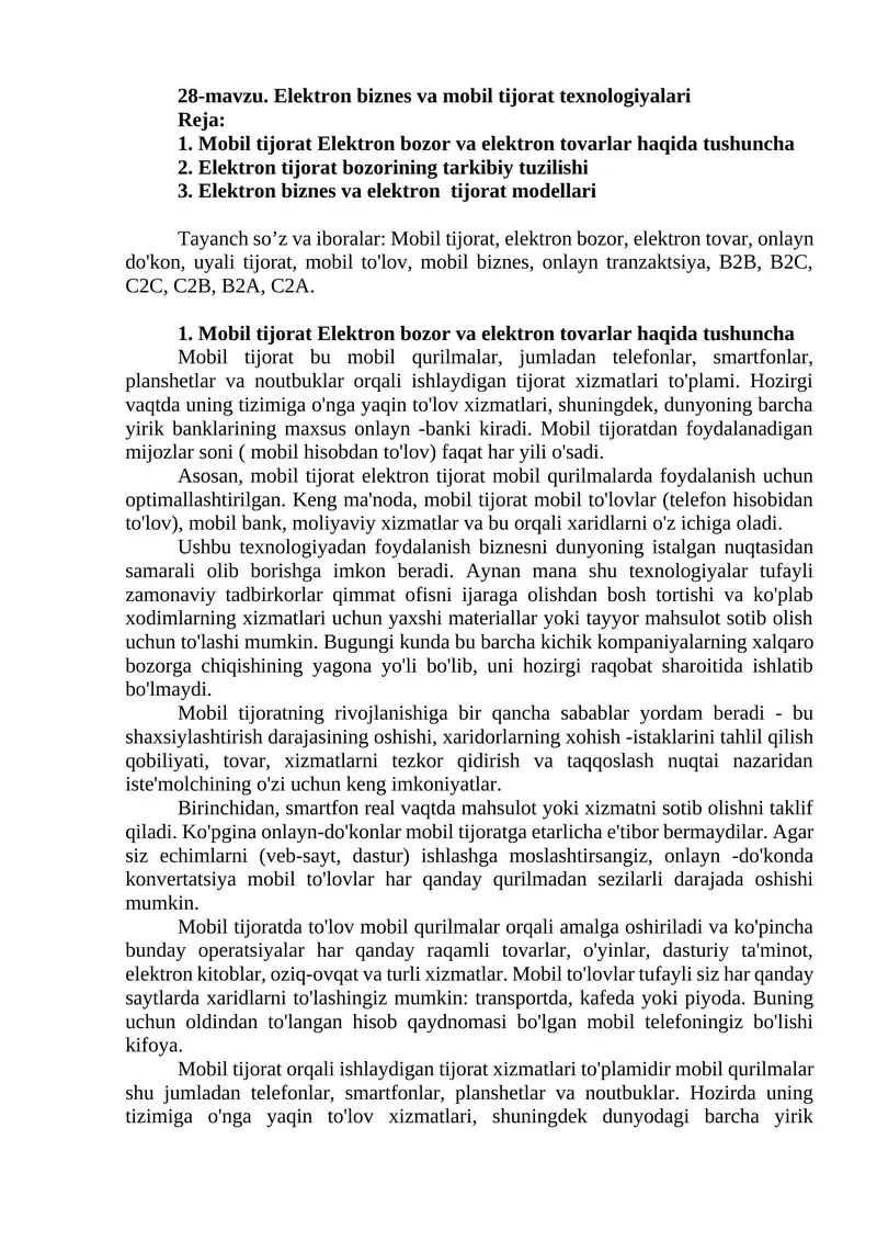 Mobil tijorat Elektron bozor va mobil tijorat texnologiyalari