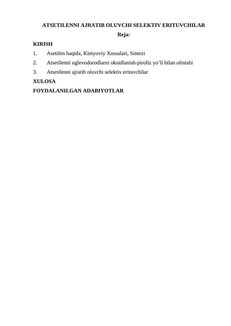 Atsetilenni ajratib oluvchi selektiv erituvchilar