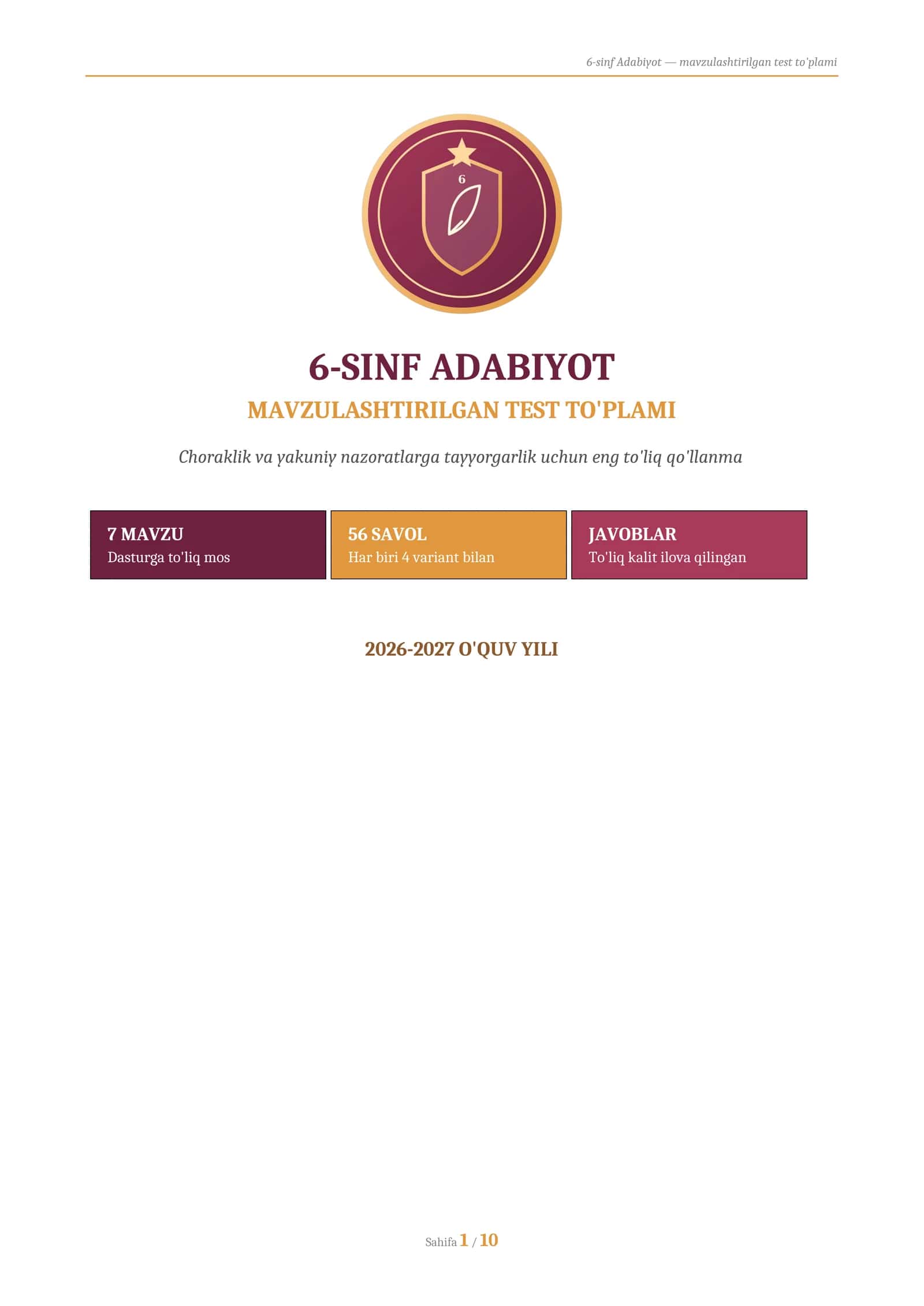 6-sinf Adabiyot — mavzulashtirilgan test to'plami