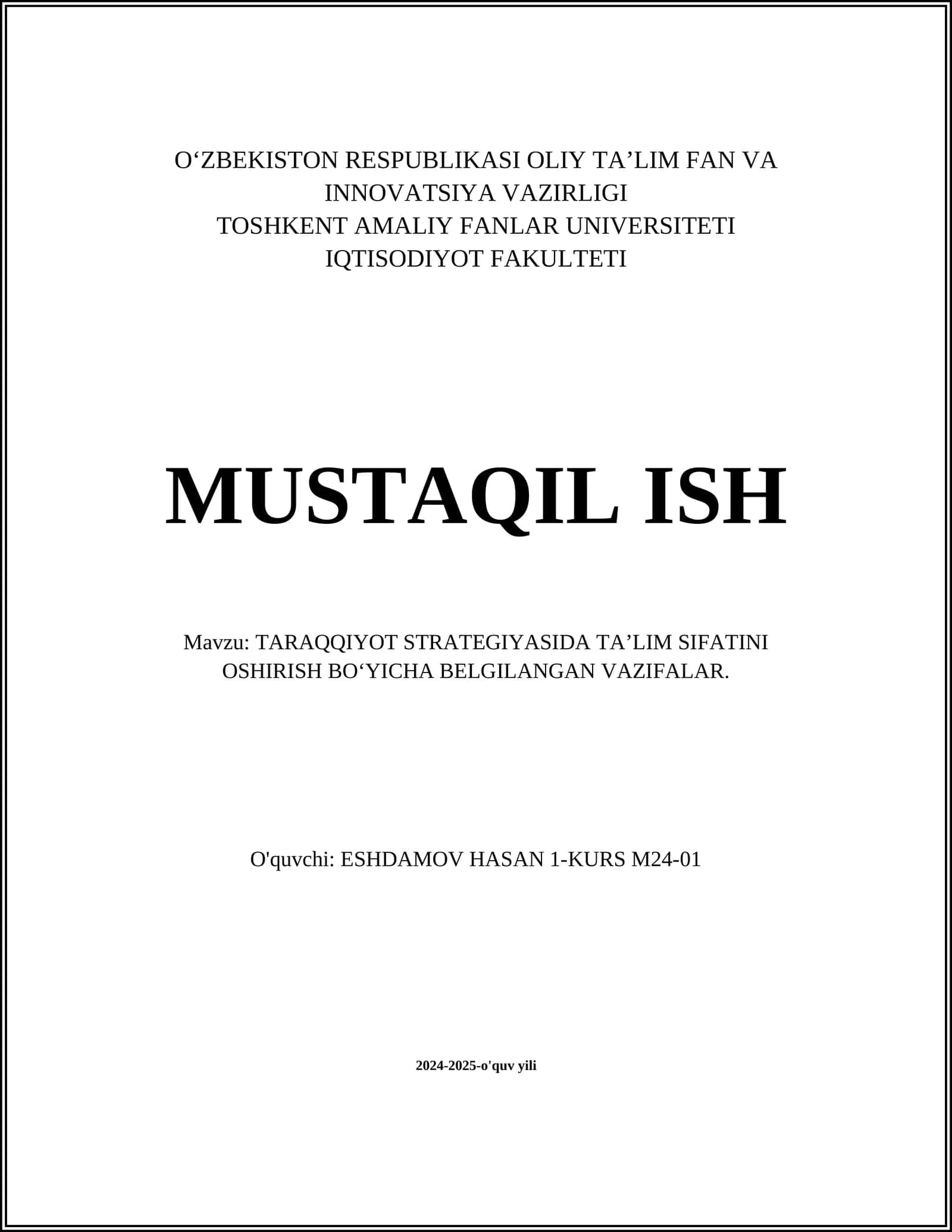 TARAQQIYOT STRATEGIYASI: TA’LIM SIFATINI OSHIRISH