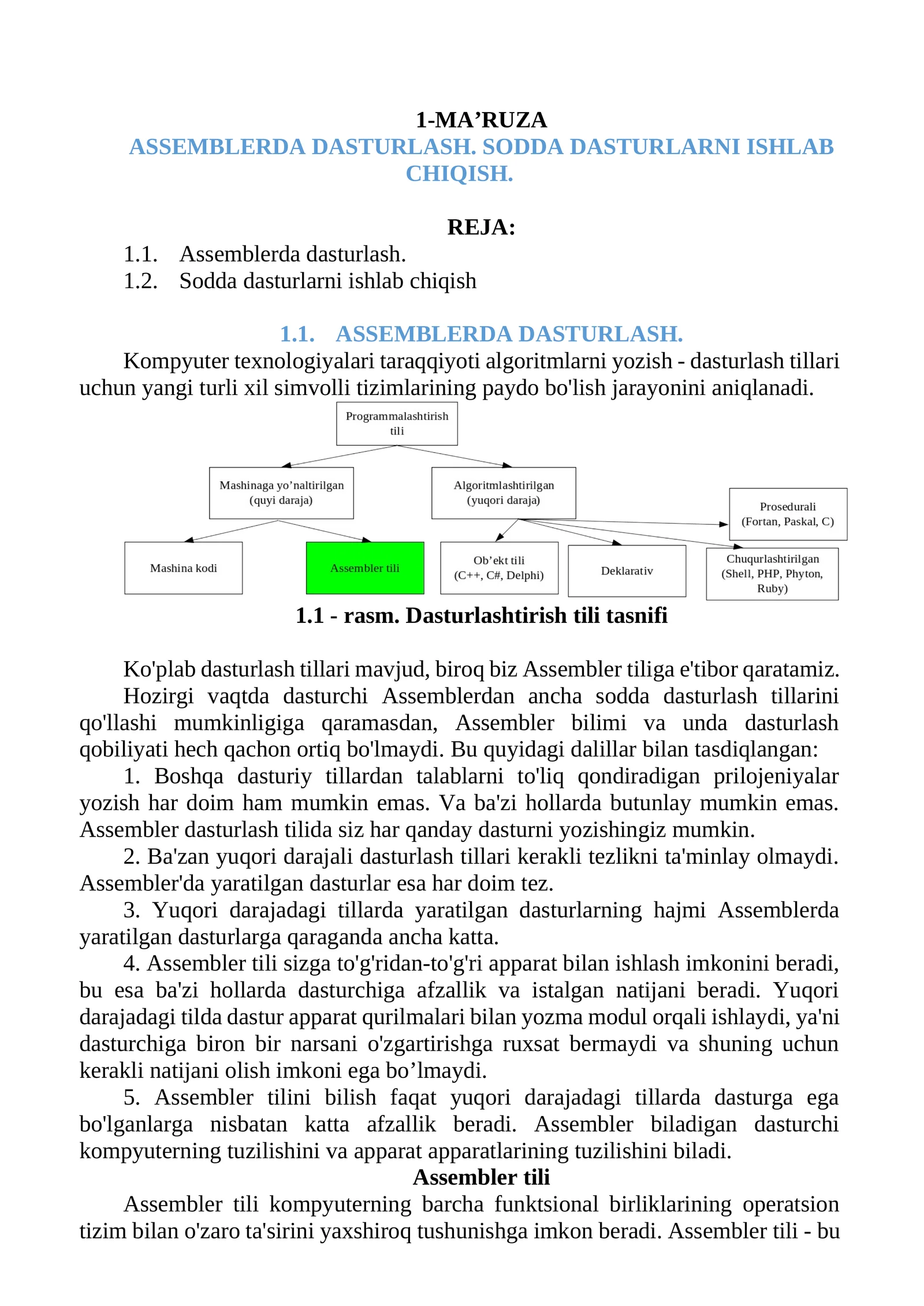 ASSEMBLERDA DASTURLASH. SODDA DASTURLARNI ISHLAB CHIQISH