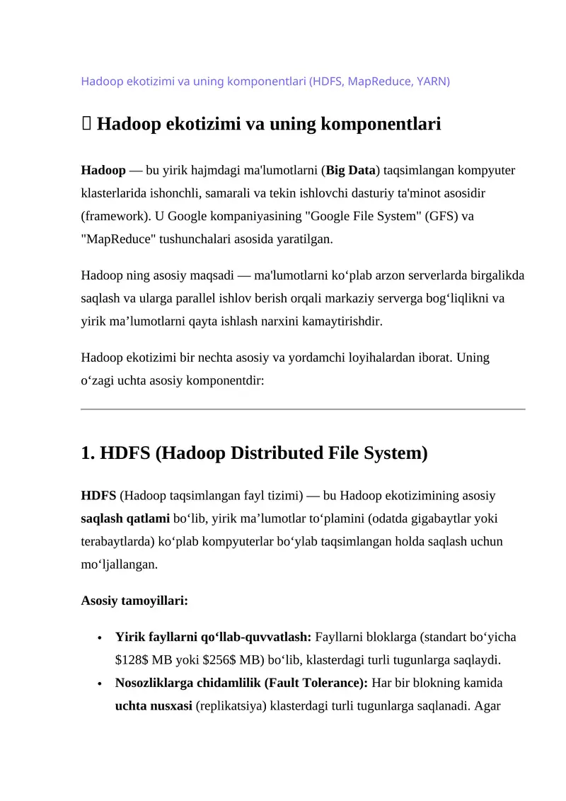Hadoop ekotizimi va uning komponentlari