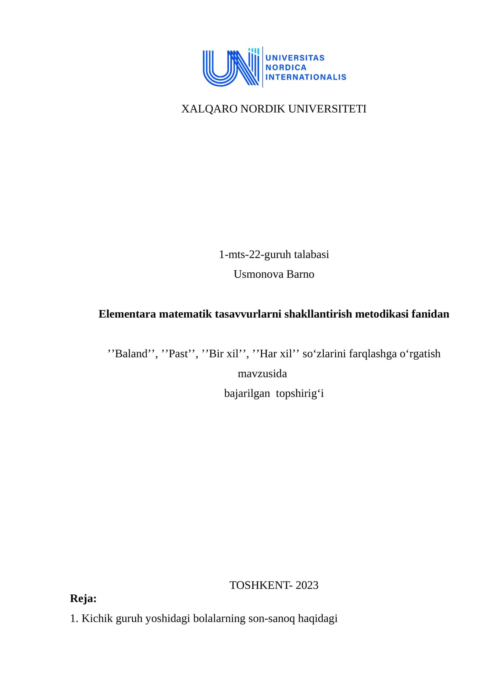 Elementara matematik tasavvurlarni shakllantirish metodikasi