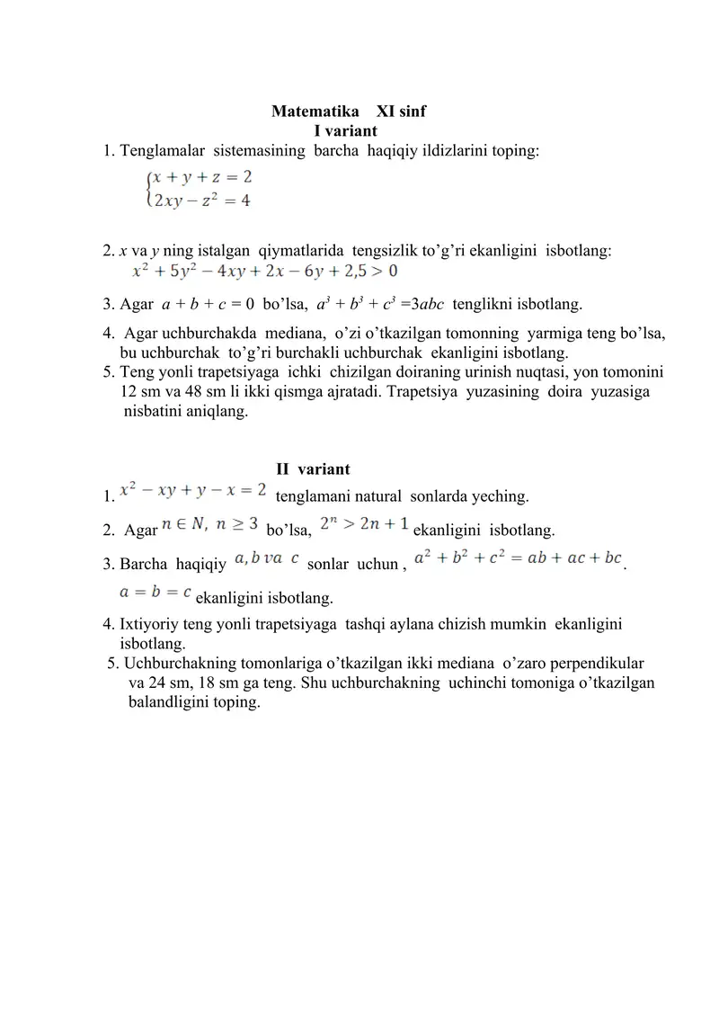 Matematikadan Olimpiada savollari