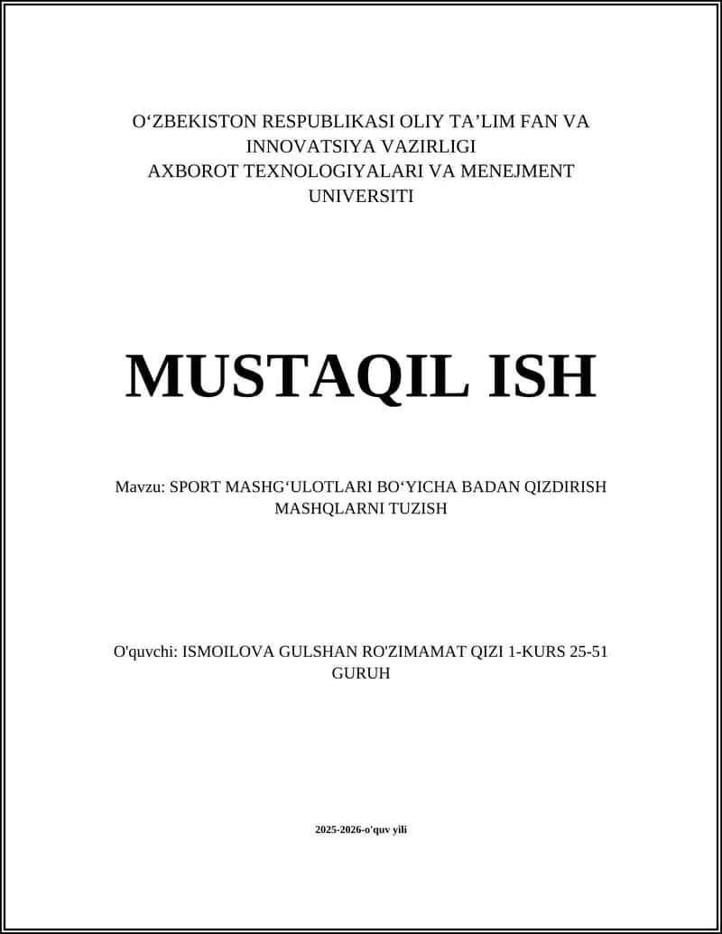 SPORT MASHGʻULOTLARI BOʻYICHA BADAN QIZDIRISH MASHQLARNI TUZISH