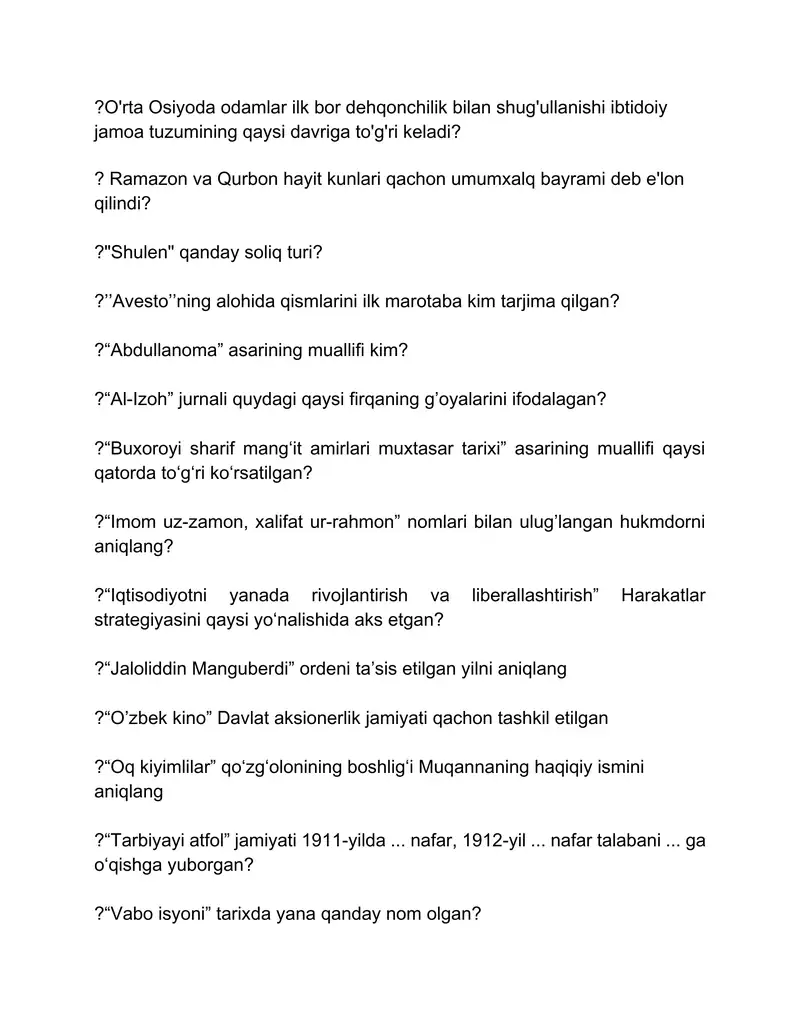 O'zbekiston tarixi fanidan yopiq testlar jamlanmasi