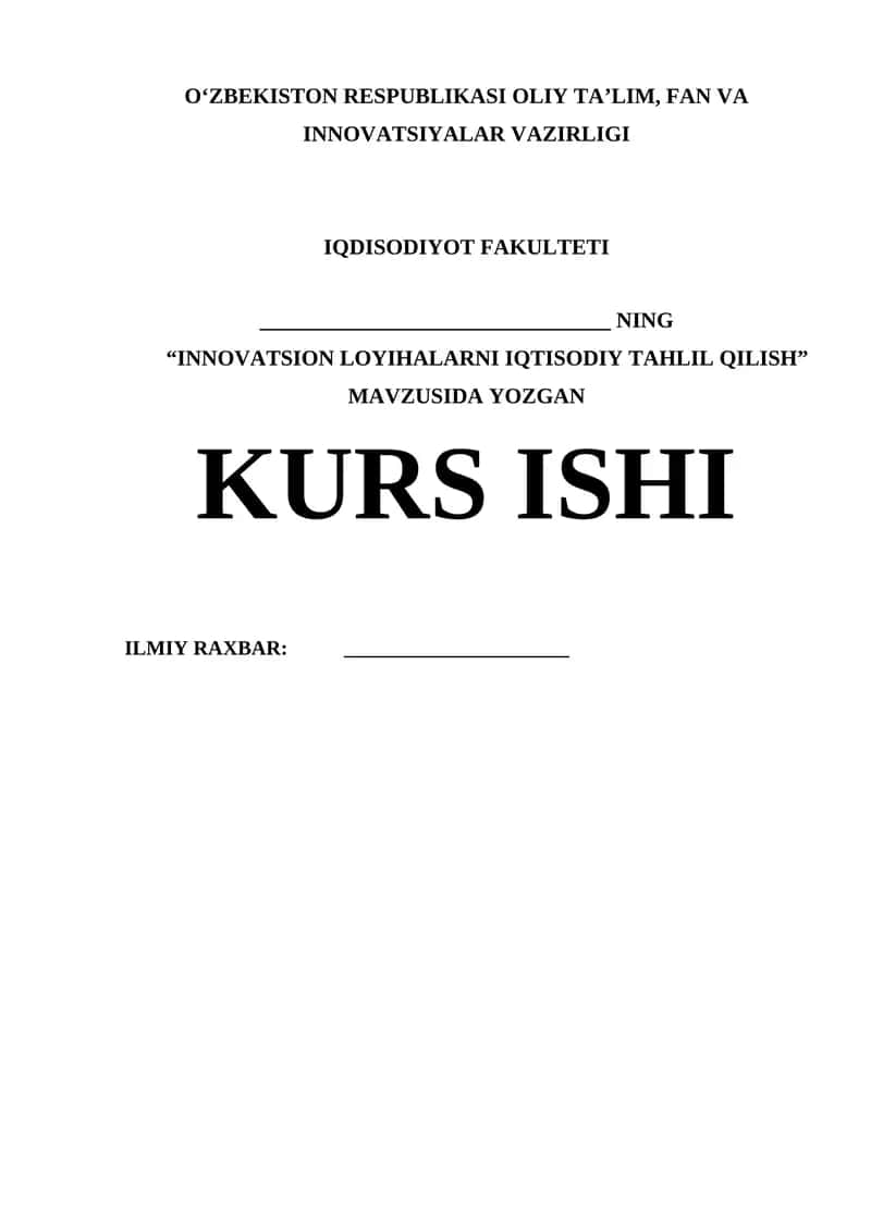 Innovatsion loyihalarni iqtisodiy tahlil qilish kursi