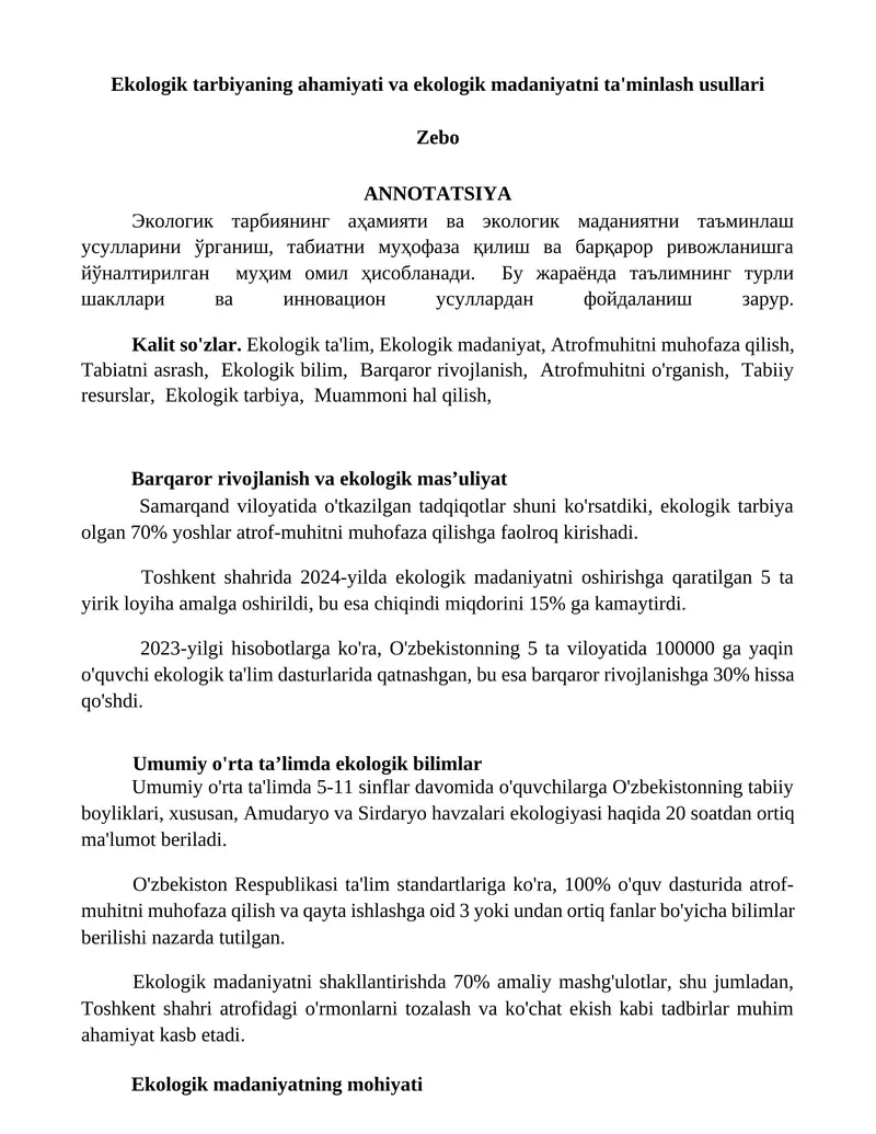 Ekologik tarbiyaning ahamiyati va ekologik madaniyatni ta'minlash usullari