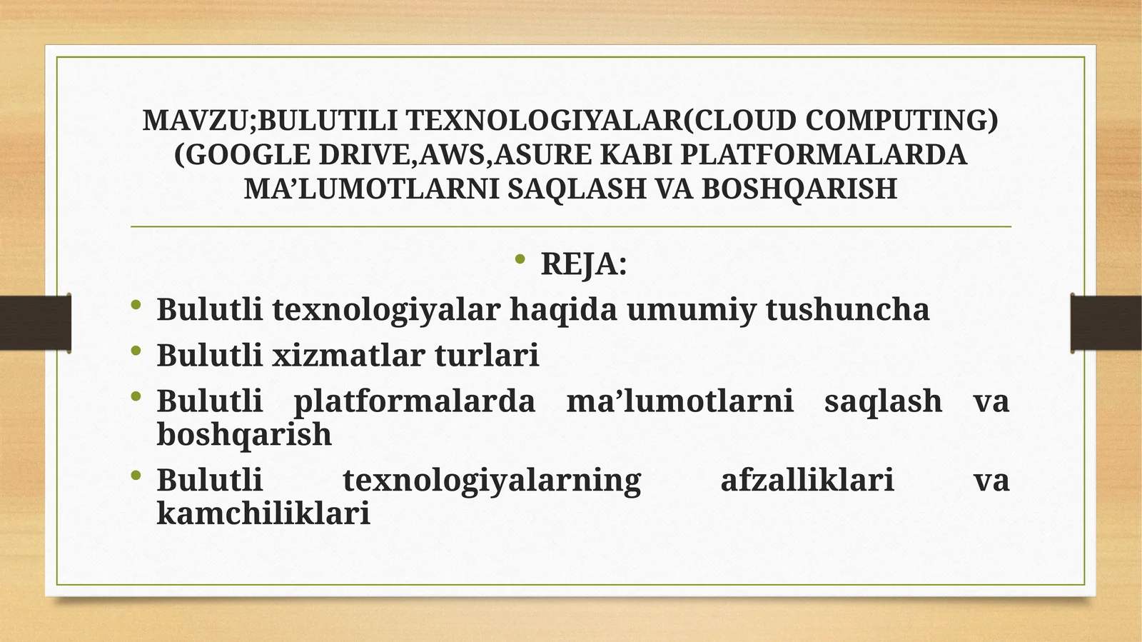 BULUTILI TEXNOLOGIYALAR(CLOUD COMPUTING)(GOOGLE DRIVE,AWS,ASURE KABI PLATFORMALARDA MA’LUMOTLARNI SAQLASH VA BOSHQARISH